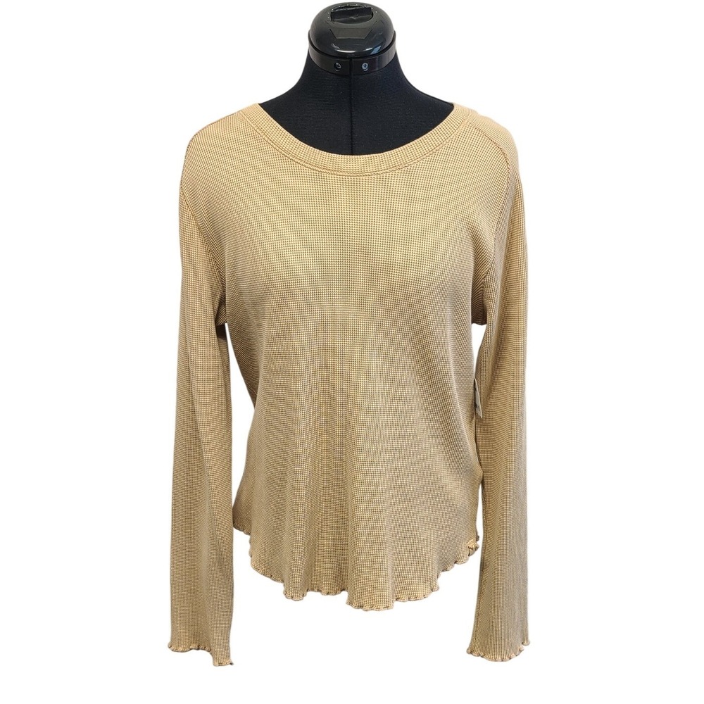 Free People We The Free Tan Waffle Knit Lettuce Hem Long Sleeve Top XL